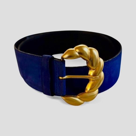 AVIGNON Late 80’s Blue Suede Wide Belt w/Ornamental Gold Buckle Sz L #353 Spain - Picture 2 of 6